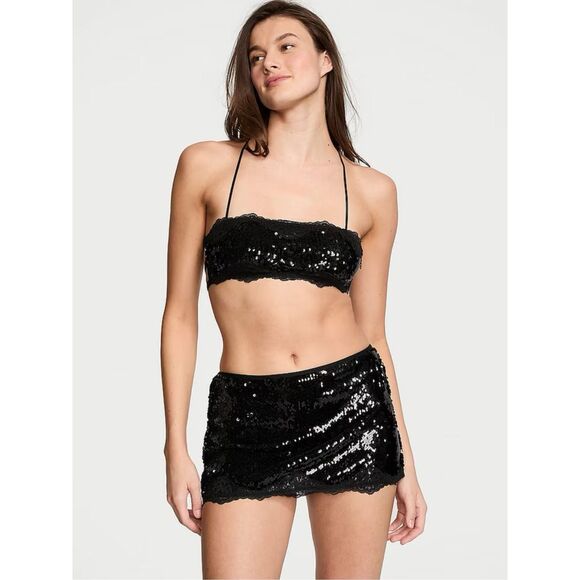 Victoria's Secret Black Sequin Crop Top Lace Up Back XXL 2XL NEW TOP ONLY - Picture 1 of 10